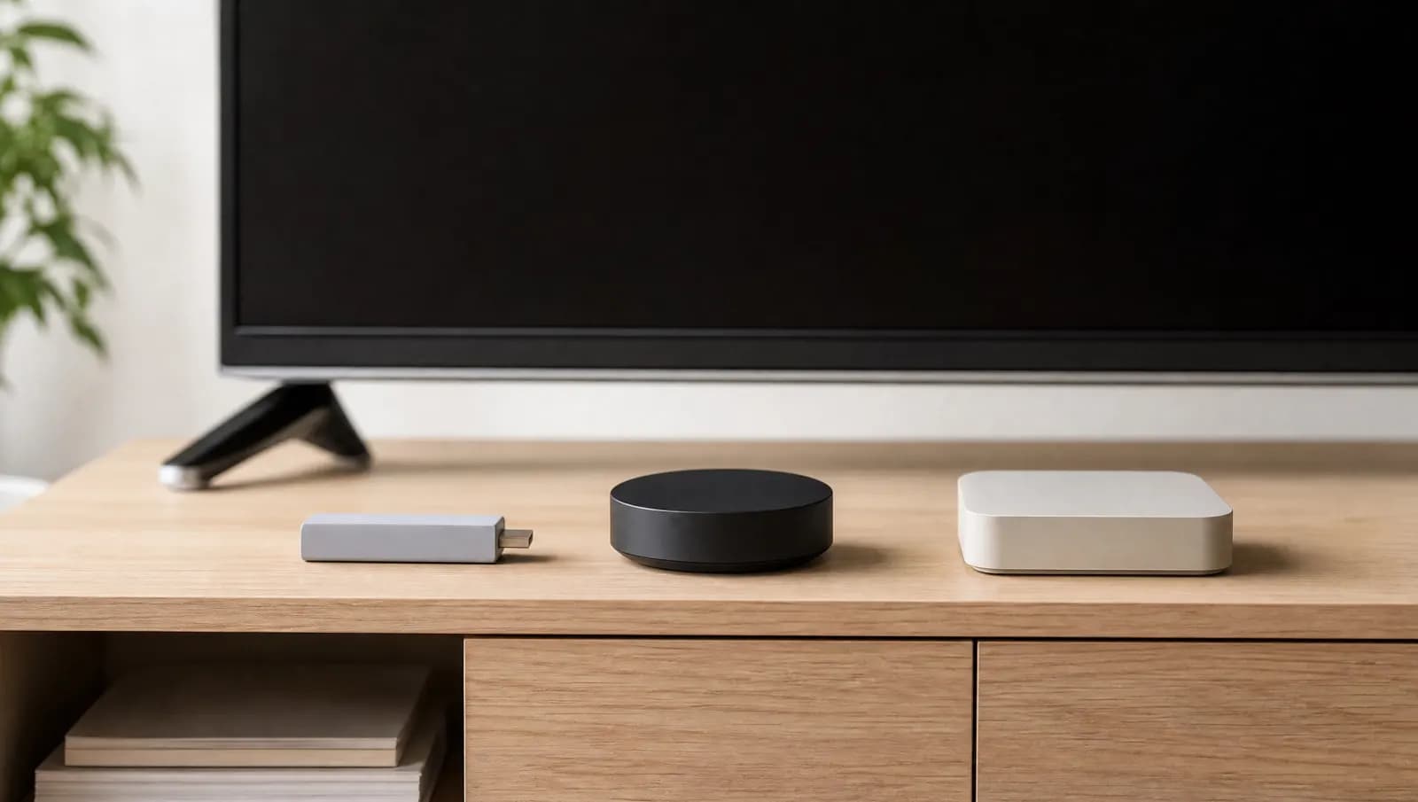 Drie verschillende streaming-apparaatjes naast elkaar op een tv-meubel ter vergelijking