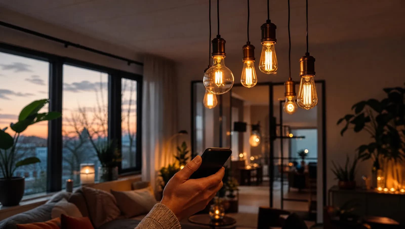 Kleurrijke slimme lampen in een Nederlandse woonkamer, bediend via een telefoon-app