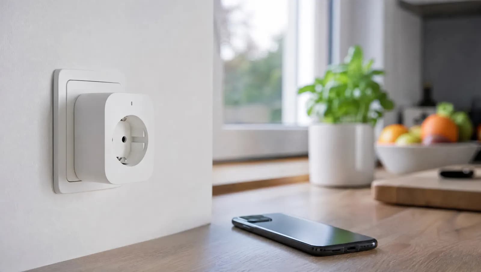 Slimme stekker in een stopcontact in een Nederlandse keuken, met een smartphone op het aanrecht ernaast